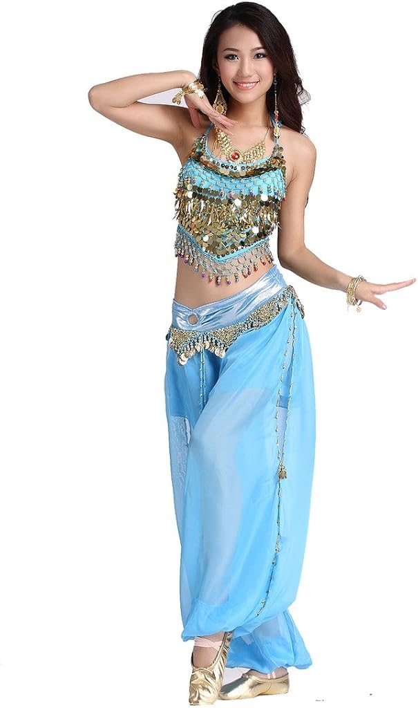 ZLTdream Lady's Belly Dance Chiffon Banadge Top and Lantern Coins Pants Light Blue, One Size: Clothing