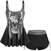 Rosegal Womens Plus Size Skull Rose Wing Print Cinched Boyshorts Tankini Swimsuit Set