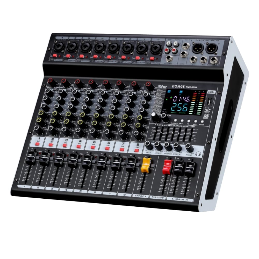 Photo 1 of BOMGE Powered Mixer 8 Channel -2x400W Amplifier r w/USB Drive for PC Recording - XLR Mic Input - 48V Power - 7-Band EQ - RCA I/O -256 DSP Processor for Professional & Beginners