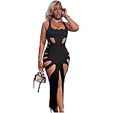 Caviotess Women's Sleeveless Hollow Out Maxi Dress Sexy Low Cut High Slit Bodycon Long Dress Party Club Dress