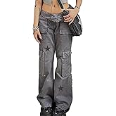 Womens Star Print Jeans Vintage Gray Denim Pants Y2K E-Girl Aesthetic Pants Classic Straight Leg Trousers