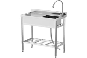 Garvee Stainless Steel Utility Sink, 47 x 20 x 37 in, Pull-Out Faucet, Free Standing Single Bowl, Commercial Kitchen Sink Set