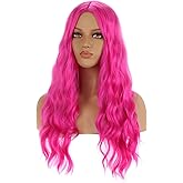 BERON Hot Pink Wig Long Curly Wig Hot Pink Wavy Wigs for Women Daily Party Cosplay with Hairnet