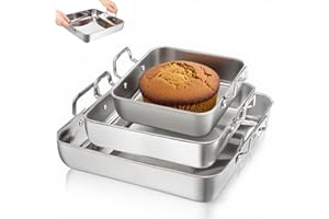 Tebery Set of 3 Square Cake Pan, Deep Stainless Steel Baking Pans with Handle, Nonstick Lasagna Brownie Roasting Pan, Sturdy 