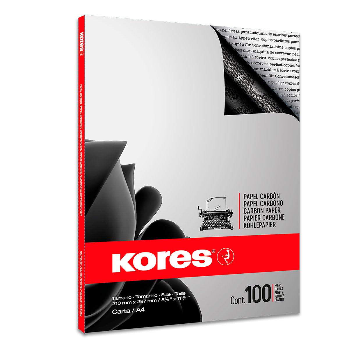 Kores - Black Carbon Paper for Typewriting, No Smearing and Reusable, School and Office Supplies, Format A4, 21 x 29.7 cm, Pack of 100 Sheets, Typewriting, Black, 100 Sheets
