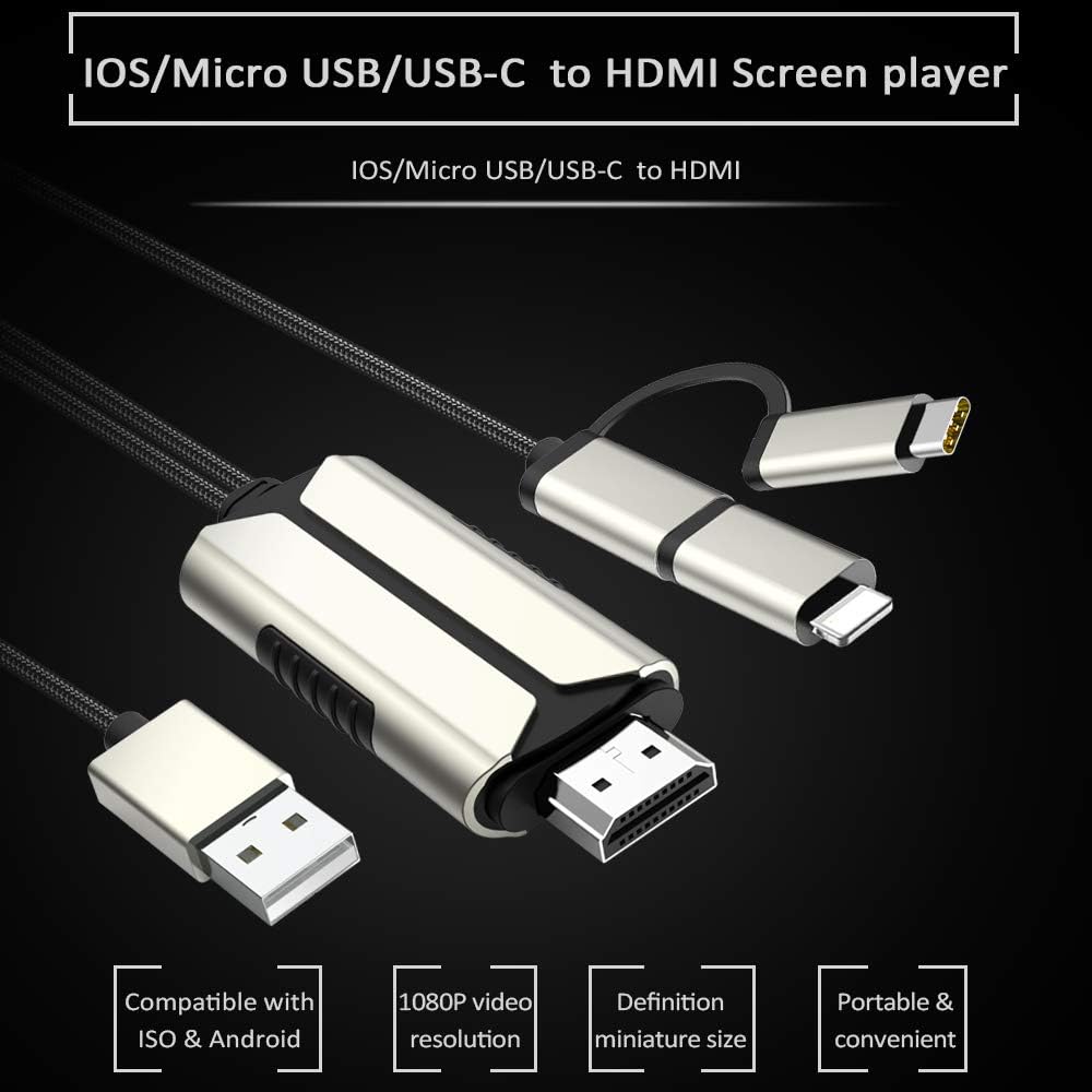 3 in 1 Phone to HDMI Cable, WEILIANTE HD Type-C/Micro USB/iOS to TV Projector 6.6ft 1080P MHL to HDMI Cable Compatible for iPhone iPad Android Samsung to TV Mirroring Cable: Electronics