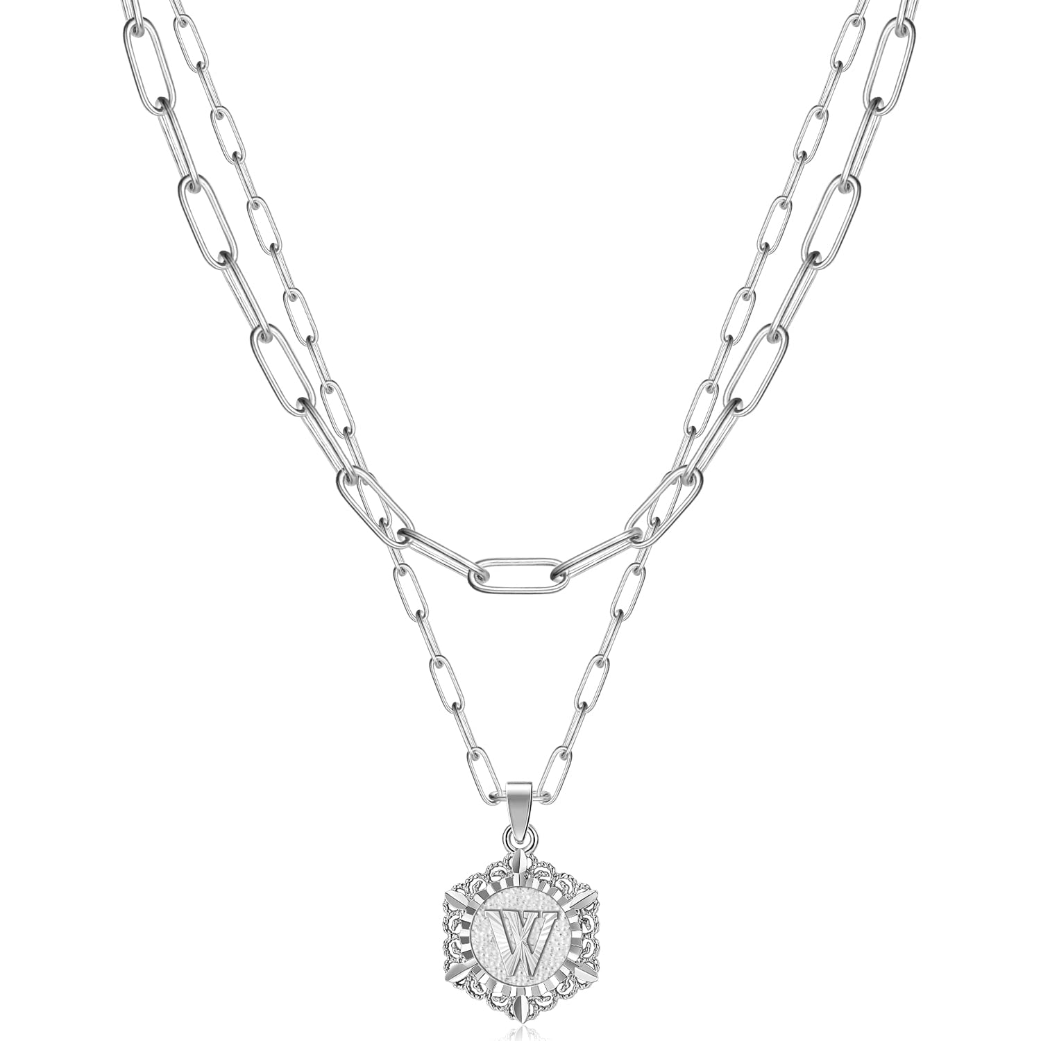 KissYan Initial Necklaces for Women, 14K Gold Plated Hexagon Letter Pendant Silver Chain Dainty Layered White Gold Paperclip Link Adjustable Capital A-Z Choker Necklace Trendy Jewelry Gifts
