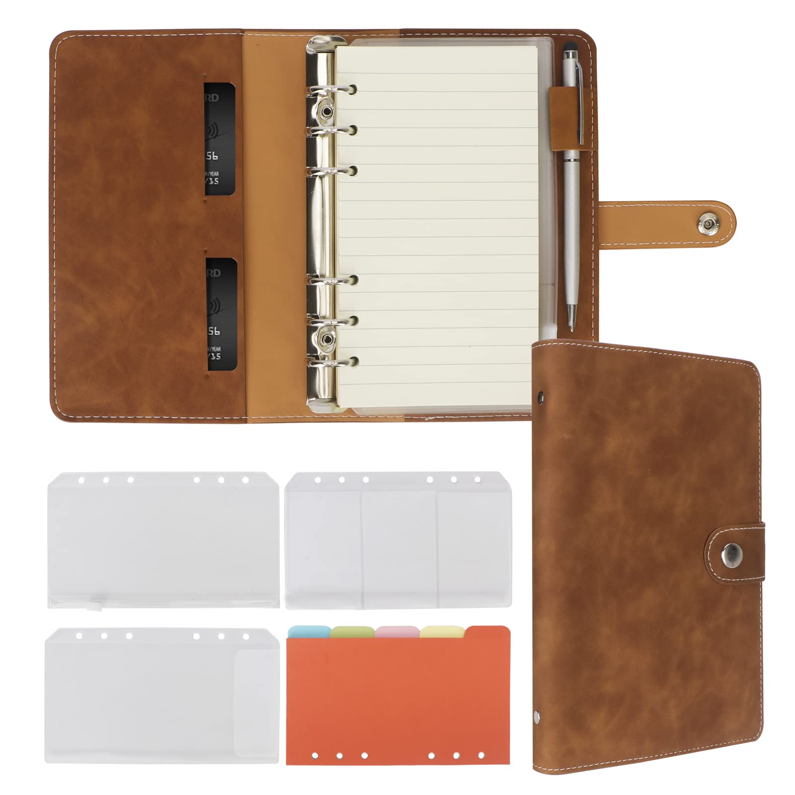 FYY Leather A6 Ring Binder Notebook, 6 Ring Binder with A6 Refill Papers, Binder Pockets and Subject Dividers Paper Sheet, Travel Binder Journal Personal Planner with Ring Binder Brown