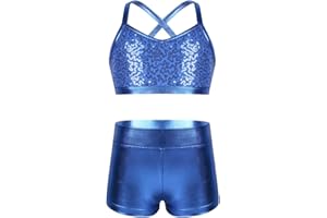 dPois Kids Girls' 2 Pieces Dance Outfit Strappy Crop Top Bra with Shorts Set Sports Workout Gymnastics Leotard