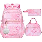 NIWEIYA 3Pcs Set Backpacks for Girls Teen, Cute Flowers School Bag Girls Bookbags with Lunch Box Pencil Bag, Multi-Pockets Kids Backpack for Elementary & Middle School, Pink