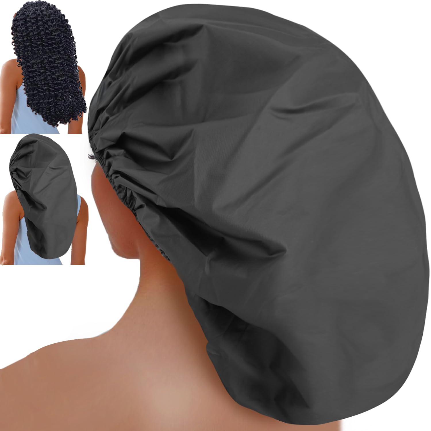 Sheomern Adjustable Extra Large Shower Cap with Waterproof Elastic Edge, Reusable Shower Cap for Women Long Hair, Satin Lined Shower Cap for Braids, Thick Hair, Locs (Black)