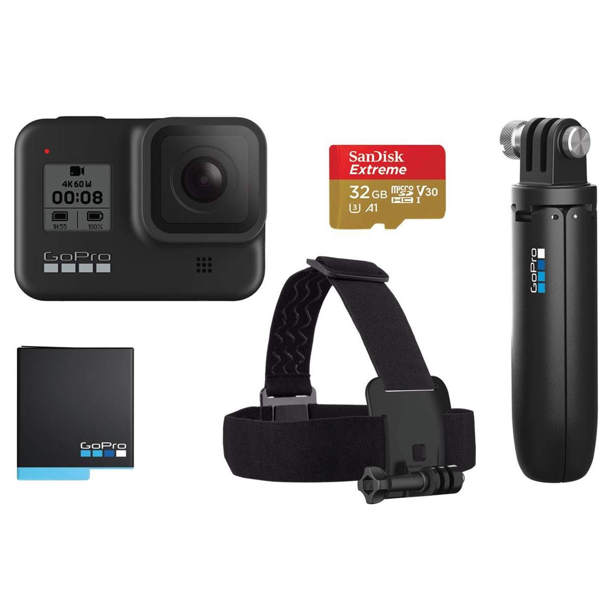 GoPro HERO8 Black Retail Bundle - Includes HERO8 Black Camera Plus Shorty, Head Strap, 32GB SD Card, and 2 Rechargeable Batteries