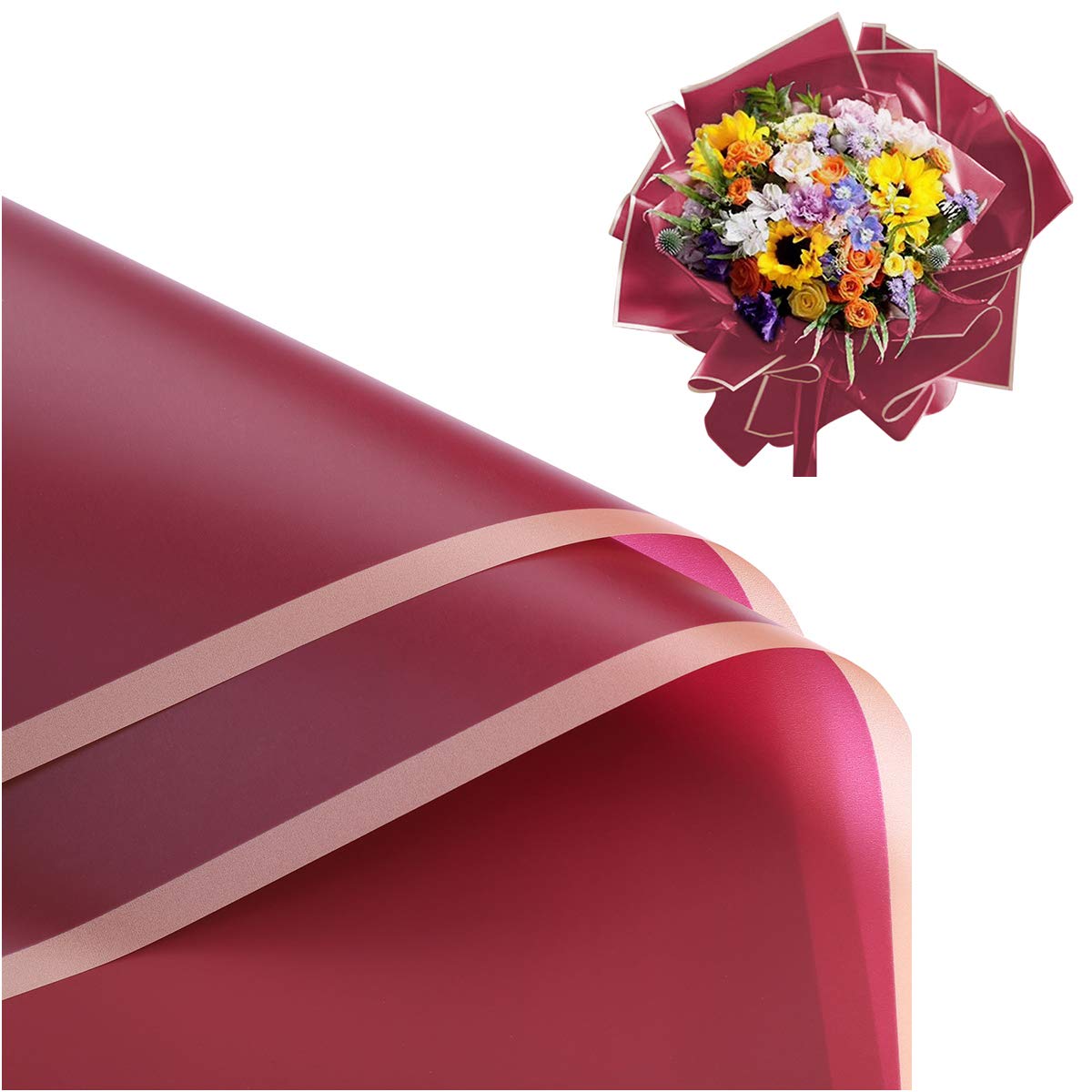 Qchomee 20 Pcs Waterproof Flower Wrapping Paper Matte Flower Packaging Paper Floral Bouquet Gift Packaging Supplies 22.5x22.5'', Gift Box Wrapping Paper, Black, Wine Red
