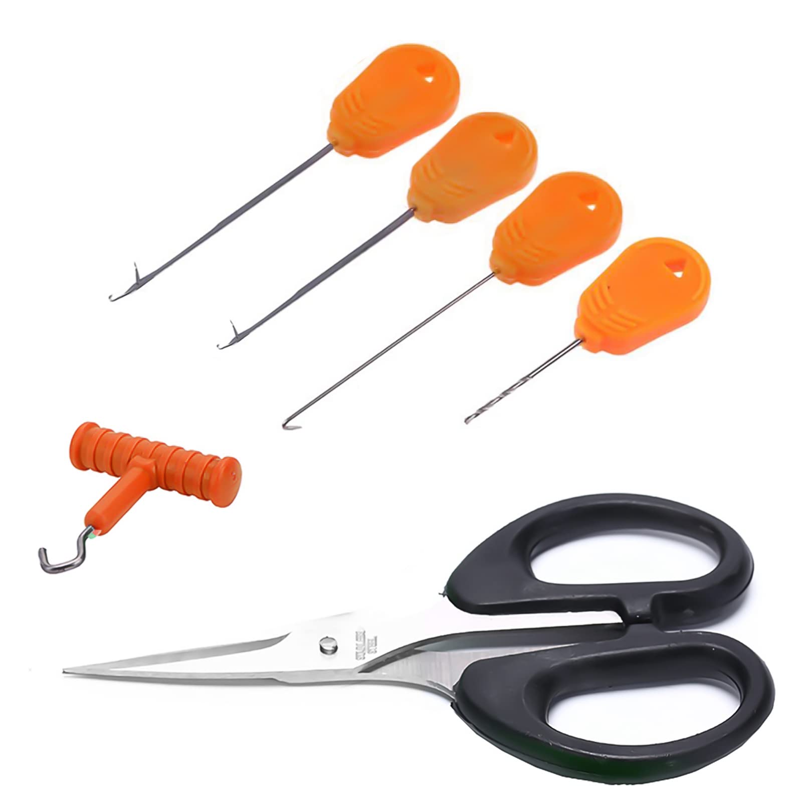 Fishing Tackle 6 Tool Set - Braid Scissors, Hook Needle, Driller, Baiting Rigs Needle & Knot Puller Kit for Carp/Coarse Fishing Boilie
