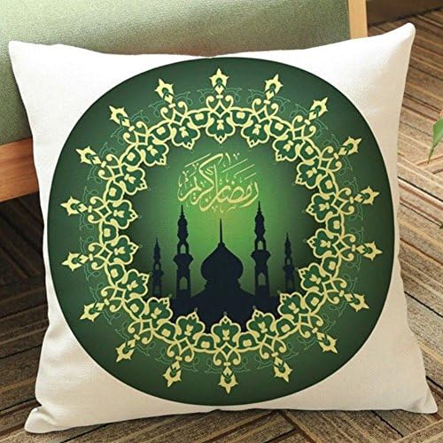 PPOVEN Pillow Covers Cotton and Linen Green and White Cushion Case Islamic Eid Decoration Ramadan Sofa Car Home Decor,17.7X17.7 Inch