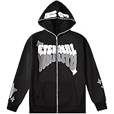 GORGLITTER Men's Full Zip Y2K Hoodie Graphic Lettter Print Long Sleeve Fashion Jacket Hooded Sweatshirt
