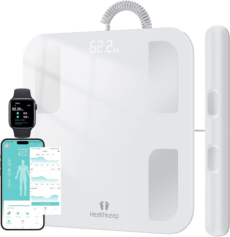 Pèse Personne Impédancemètre Balance Connectée avec 8 Electrodes Haute Précision, Composition Corporelle Complète avec 18 Données Corporelle pour Andriod et iOS