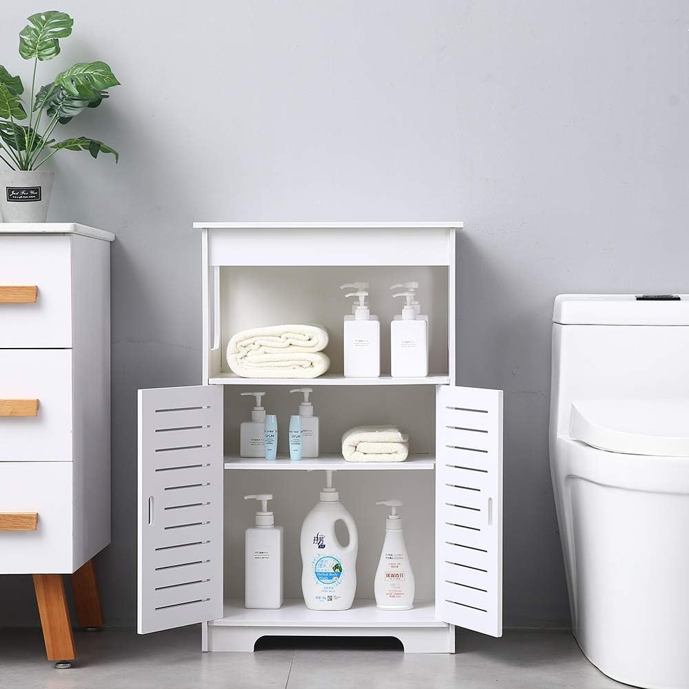MTFY Bathroom Floor Cabinet, Wooden Side Storage Organizer Cabinet with Double Door and Double Compartment, Freestanding Unit High Storage Cabinet