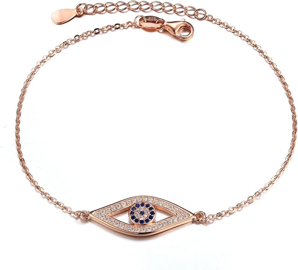 Blue Evil Eye Bracelet Sterling Silver 925 Cubic Zirconia Adjustable 6.5inches+1.5inches for Women