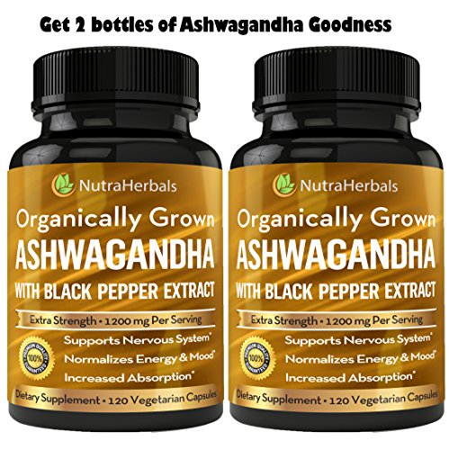 Organic Ashwagandha Root Powder 1200mg - 120 Veggie Capsules - Ashwaganda Supplement Certified Organic  Black Pepper Extract For Increased Absorption