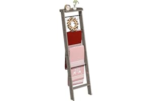 Hzuaneri Blanket Ladder Shelf, Decorative Quilt Rack,6-Tier Farmhouse Ladder Holder Organizer with 4 Removable Hooks, Greige BR35805B