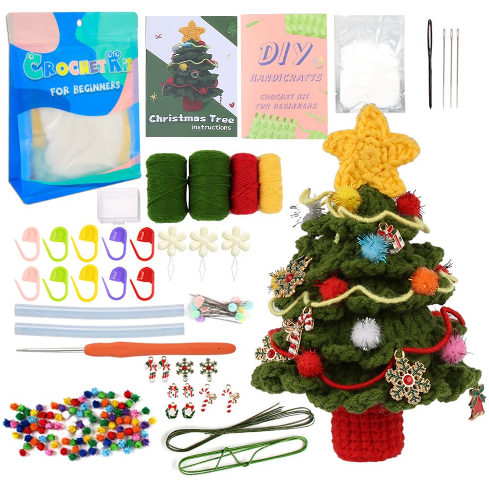 SUNNYCLUE 1 Set DIY Christmas Crochet Kit Crocheting Starter Kits Xmas Tree Craft Kniting Kit Crochet Christmas Trees Step-By-Step Video Tutorials Instructions Crochet Kits for Beginners Adults Women