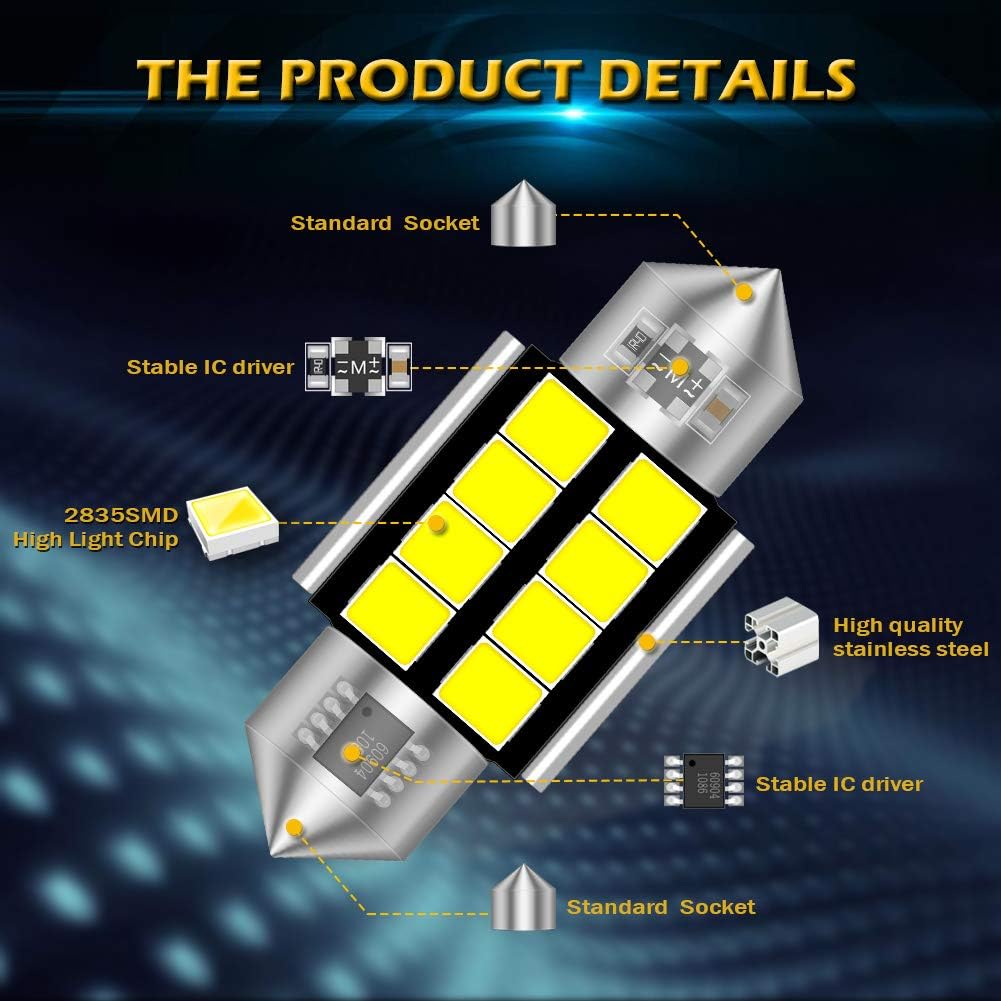 KATUR Super Bright 5630 Chipsets Aluminum CanBus Error Free 1.53'' 39mm DE3175 DE3021 DE3022 6428 7065 LED Festoon Car Interior Door Map Dome Lights Xenon White 12V 10-Pack - Image 4