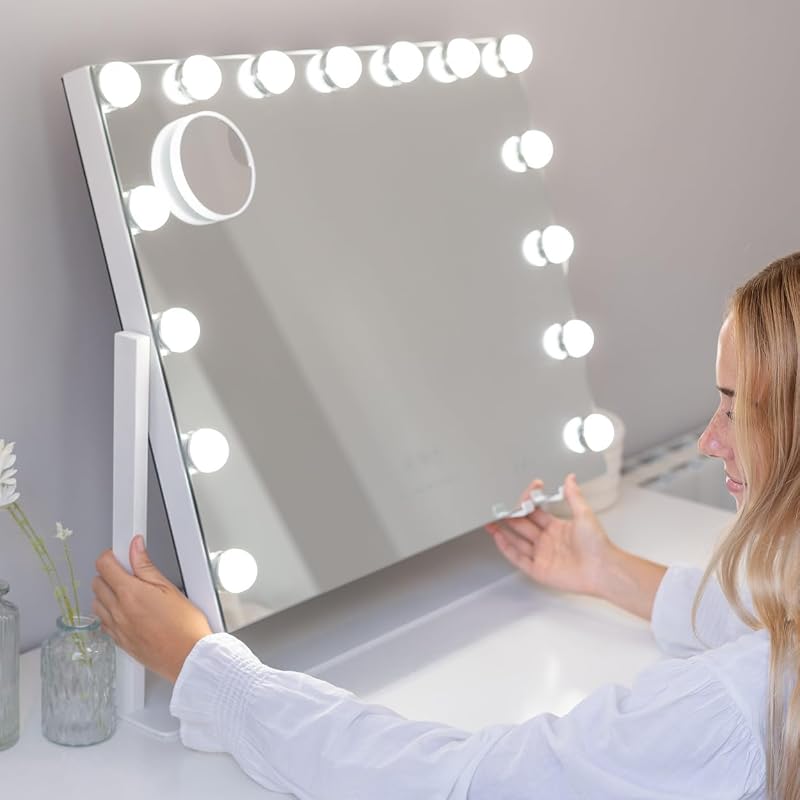 Schminkspiegel mit Beleuchtung - 15 LED - 3 Modi - Einstellbare Intensität - Touch Control - Wireless-Ladegerät für Mobiltelefone - Vergrößerungsspiegel Inklusive - Weiß - 64x12x54,5cm
