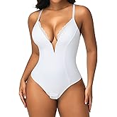 SHAPERIN Women's Lace Trimmed Deep V Neck Bodysuit Plunge Tummy Control Shapewear Thong Body Suits Cami Tank Corset Tops