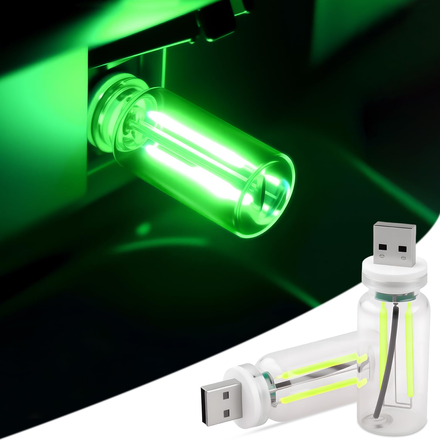 Photo 1 of 2PCS USB Lights for Car, Touch Dimmable Retro Car Lamp Interior LED Ambient Lighting, Portable Mini Glass Bottle LED Bulb Night Light for Vehicle Bedroom Hallway Camping Holiday Decoration (Green)