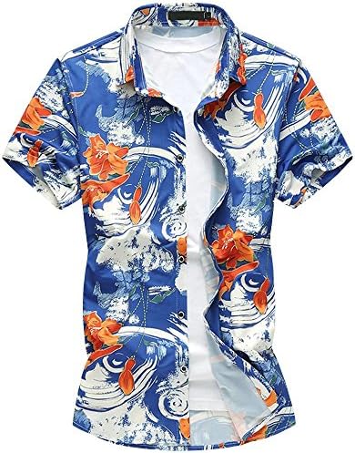 Men's Short Sleeves Hawaiian Floral Print Beach Slim Fit Dress Shirt Royal Blue