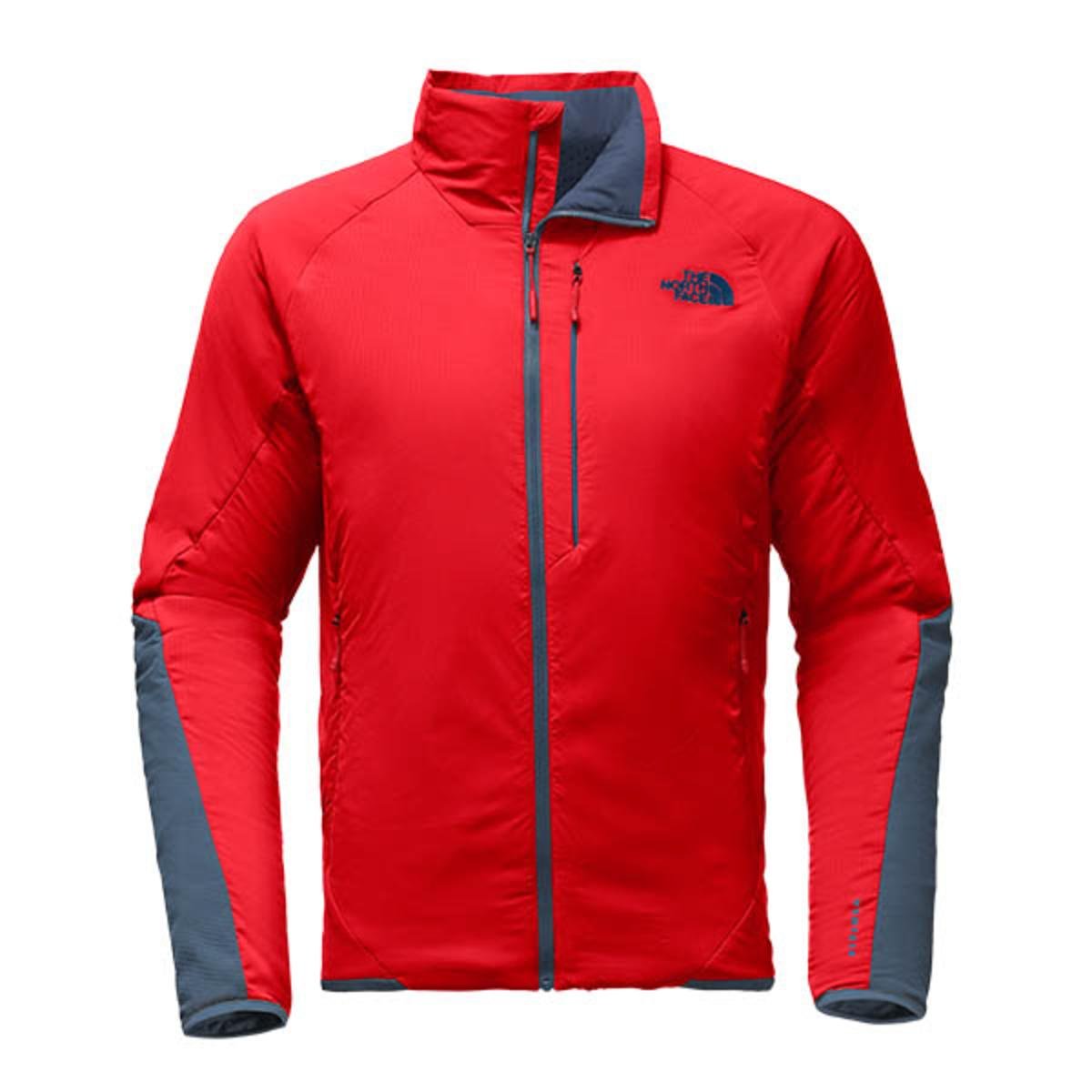 red and blue north face jacket