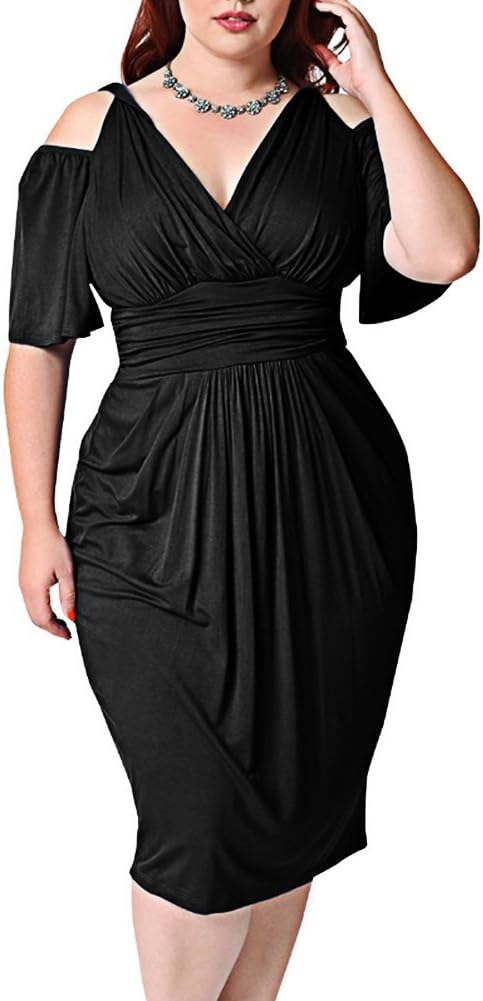 YANXH Clothing Women V-Neck Dress Large Size Close Waist Dew Shoulder Sexy Elegant Dresses