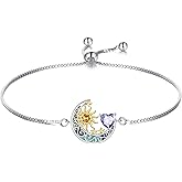925 Sterling Silver Moon and Sun Star Adjustable Link Bracelet for Women with 12 Month Birthstone Birthday Jewelry