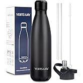 Insulated Water Bottle, 17oz Stainless Steel Water Bottles with straw lid, Metal Sports Water Bottles for Boys,Girls, Double Wall Vacuum BPA-Free Flask for School, Sports & Travel-Black