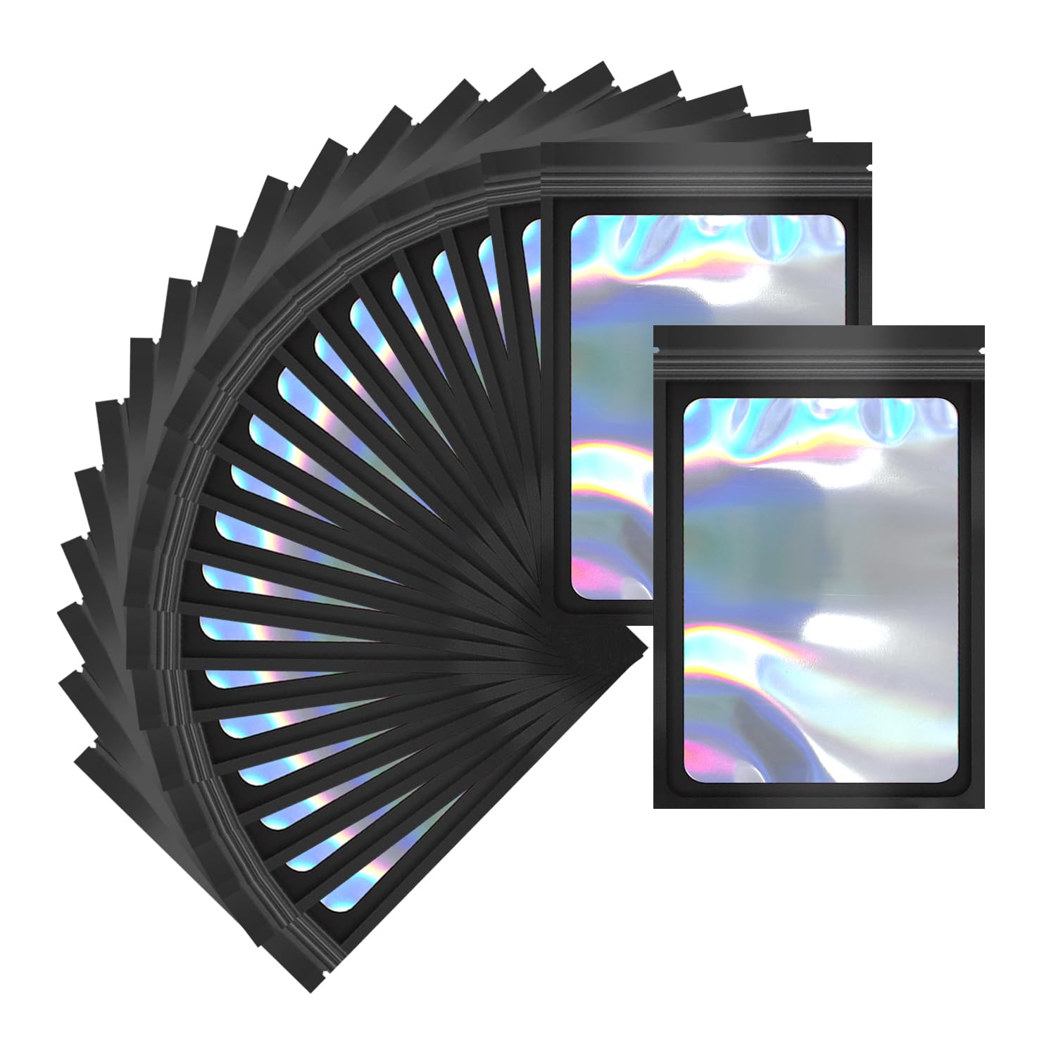 Photo 1 of 100 Pack Holographic Packaging Bags Resealable Candy Bags with Clear Window Foil Pouch Bag for Lipgloss, Jewelry, Sample Bag for Small Business (Black, 3.5x6.3 Inch)