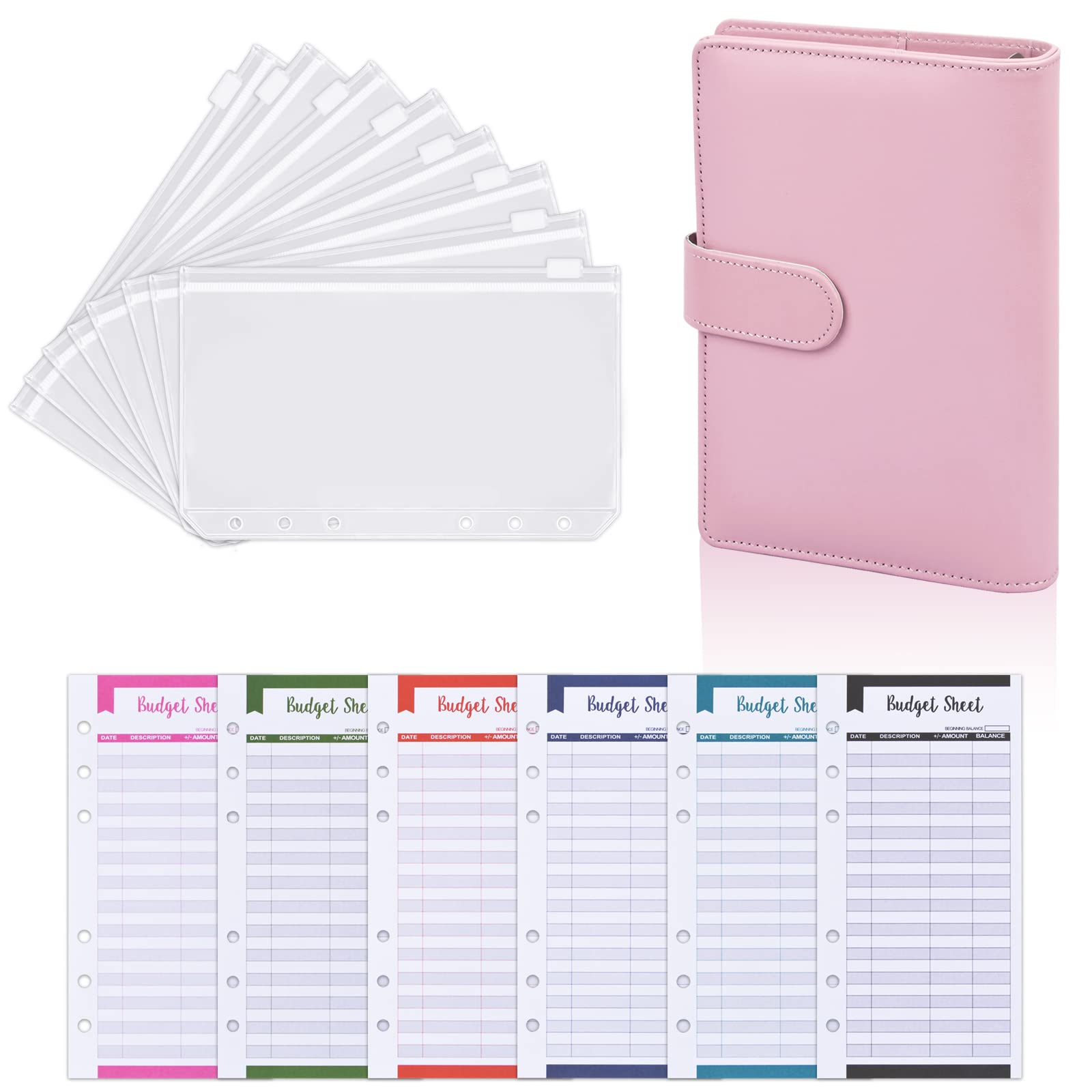 Tibapla A6 Budget Binder with Clear Cash Envelopes, 6 Rings, Notebook, Money Saving Wallet, Budgeting Wallet, Organizer (Pink)