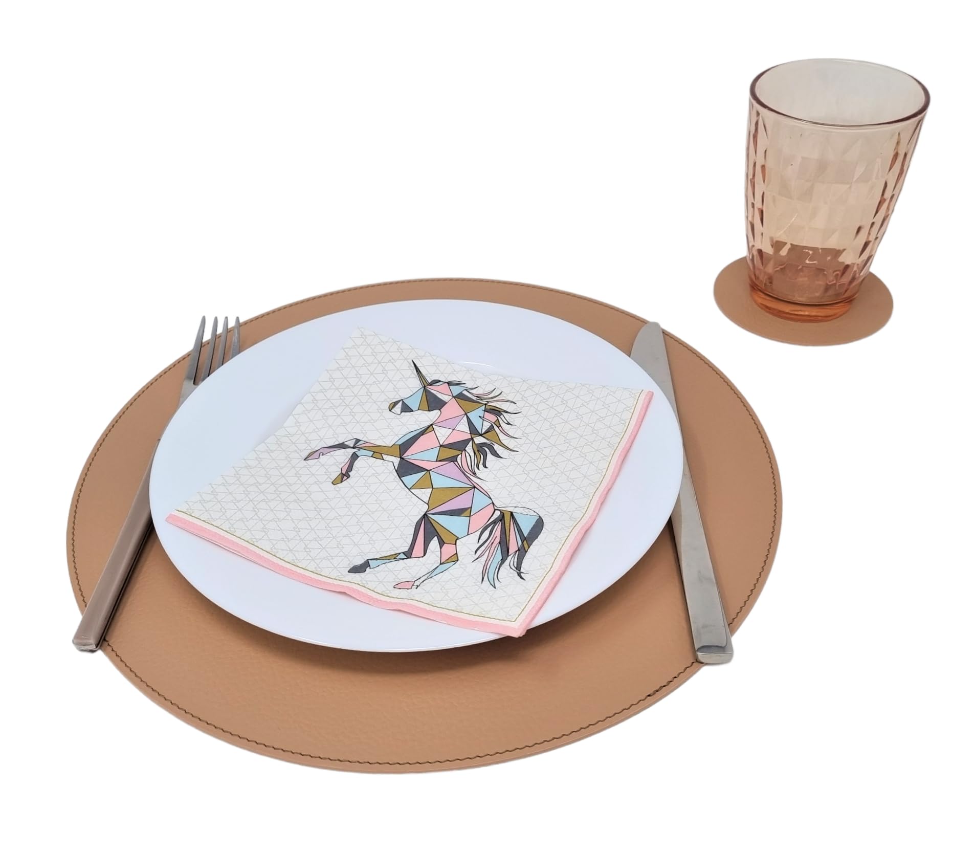 Nikalaz Round Recycled Leather Placemats and Coasters, Placemats, Set of 2 Table Mats, Placemats 33 cm (Camel)