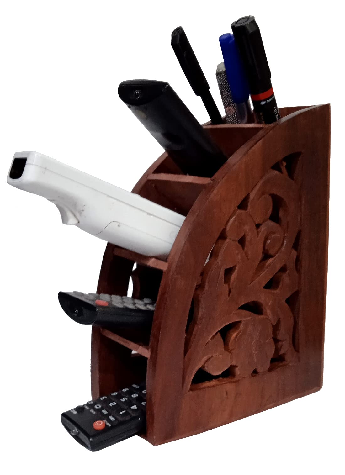 Purpledip Carved Wooden Remote Control Holder Organizer With 5 Slots (10933)