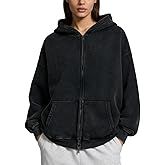 JUDHGGX Mens Oversized Zip Up Hoodie Women Acid Wash Hoodie Heavyweight Fleece Full Zipper Vintage Sweatshirt