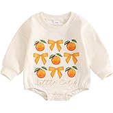 Chloefairy Newborn Baby Girl Bubble Romper Little Cutie Onesie Bowknot Orange Sweatshirt Romper Long Sleeve Bodysuit