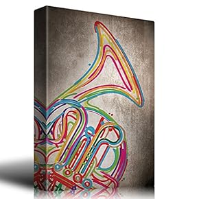 Colorful Trumpet Illustration on a Neutral Textured Background - Canvas Art Home Art - 12x18 inches