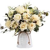 LESING Artificial Rose with Vase, Fake Silk Flowers Bouquets in Vase Table Centerpiece Arrangement for Kitchen Living Room(Champagne-1)