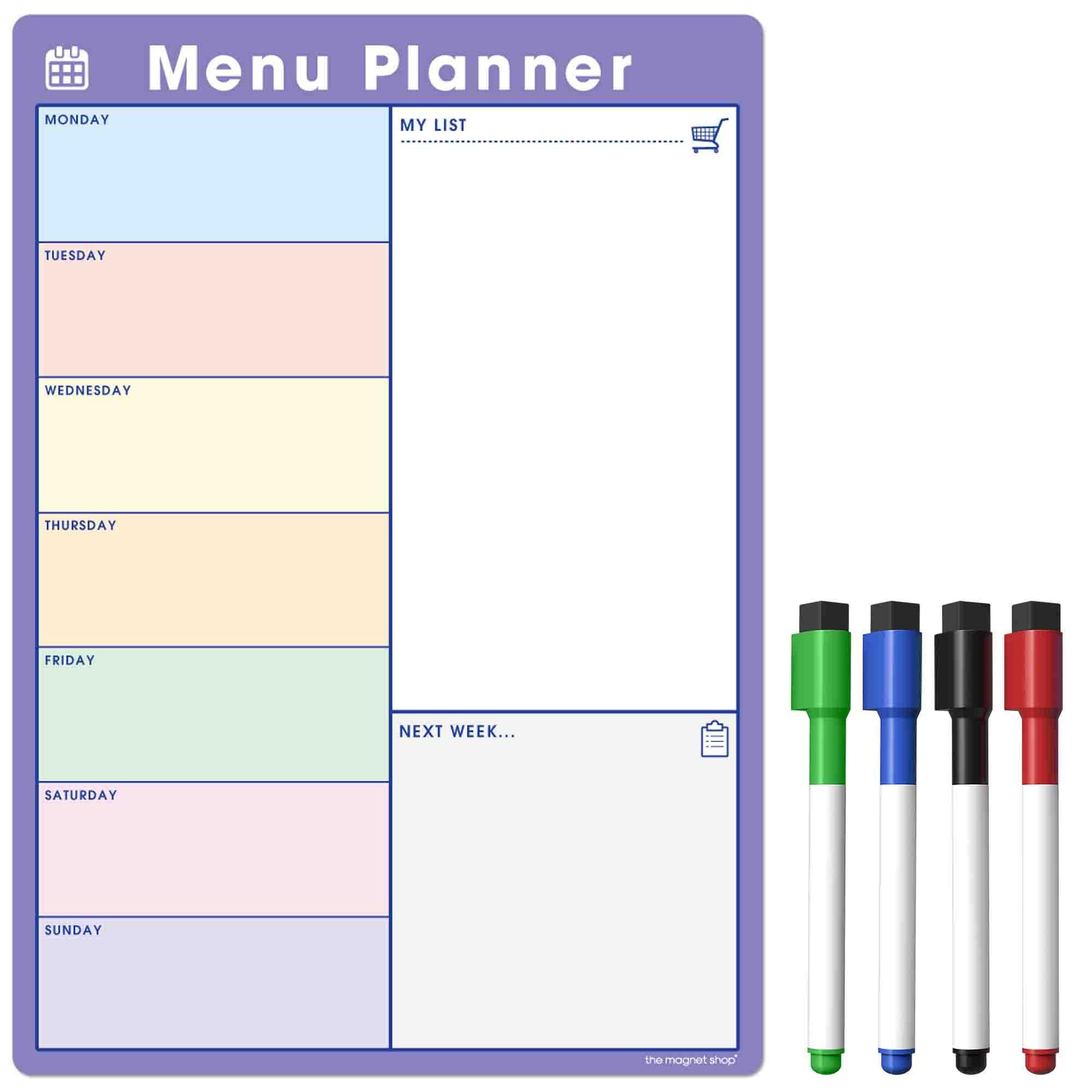 TMS Weekly Meal Planner for Fridge | Magnetic Whiteboard Calendar and Shopping List | Dry Wipe Memo Board for Kitchen | Made in The UK (A4 (30 x 21cm), ‎Colour/Purple)