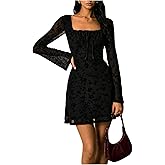 BEAUDRM Women's Gothic Floral Mini Dress Tie Front Lace Long Sleeve Square Neck A Line Flared Date Night Dresses