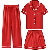 Umeyda Boys Pajamas, 100% Cotton Kids Soft Short Sleeve Sleepwear Button Down Casual 3 Pcs Pjs Set for Ages 4-12