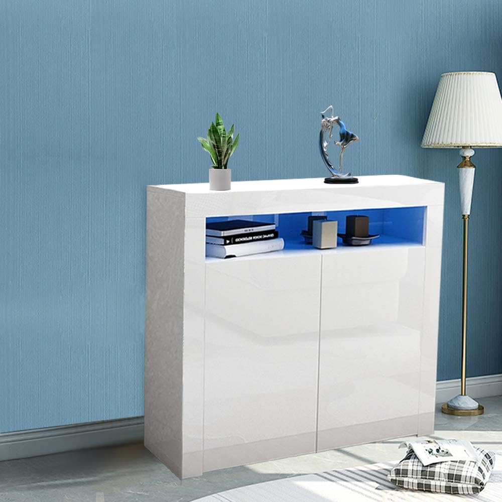 Dripex Buffet Bas LED Contemporain Blanc porte Brillante L 100 cm x