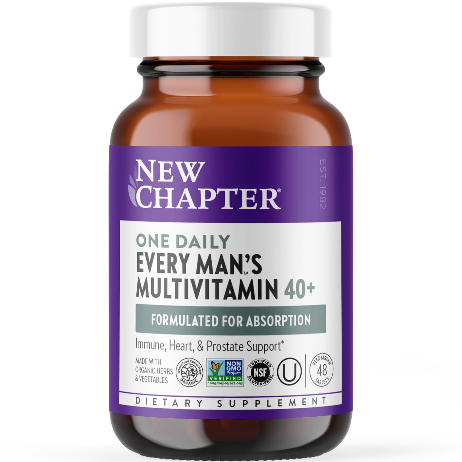 New Chapter Men's Multivitamin 40 Plus for Energy, Heart, Prostate + Immune Support with Fermented Nutrients - Every Man's One Daily 40+, Made with Organic Vegetables & Herbs, Non-GMO - 48 ct