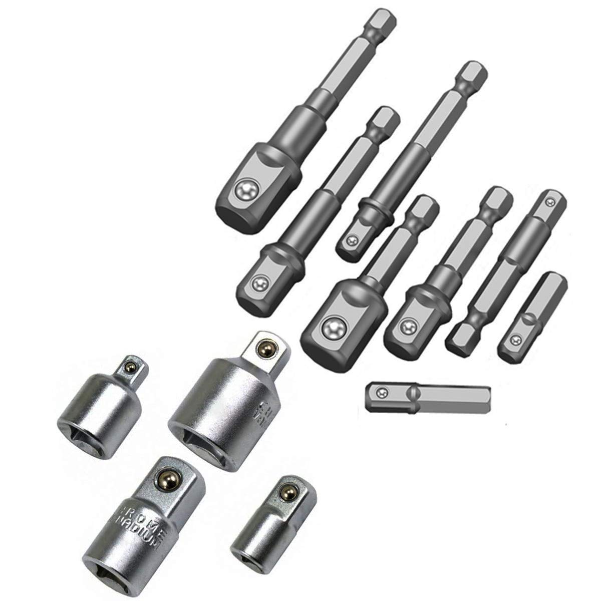 Copechilla 8pcs Hex Shank to Square Socket Drill Socket Adapter Drill Extension and 4pcs Socket Converter Adaptor Set Socket Adaptor 1/4", 3/8", 1/2" for car Repair and Home use