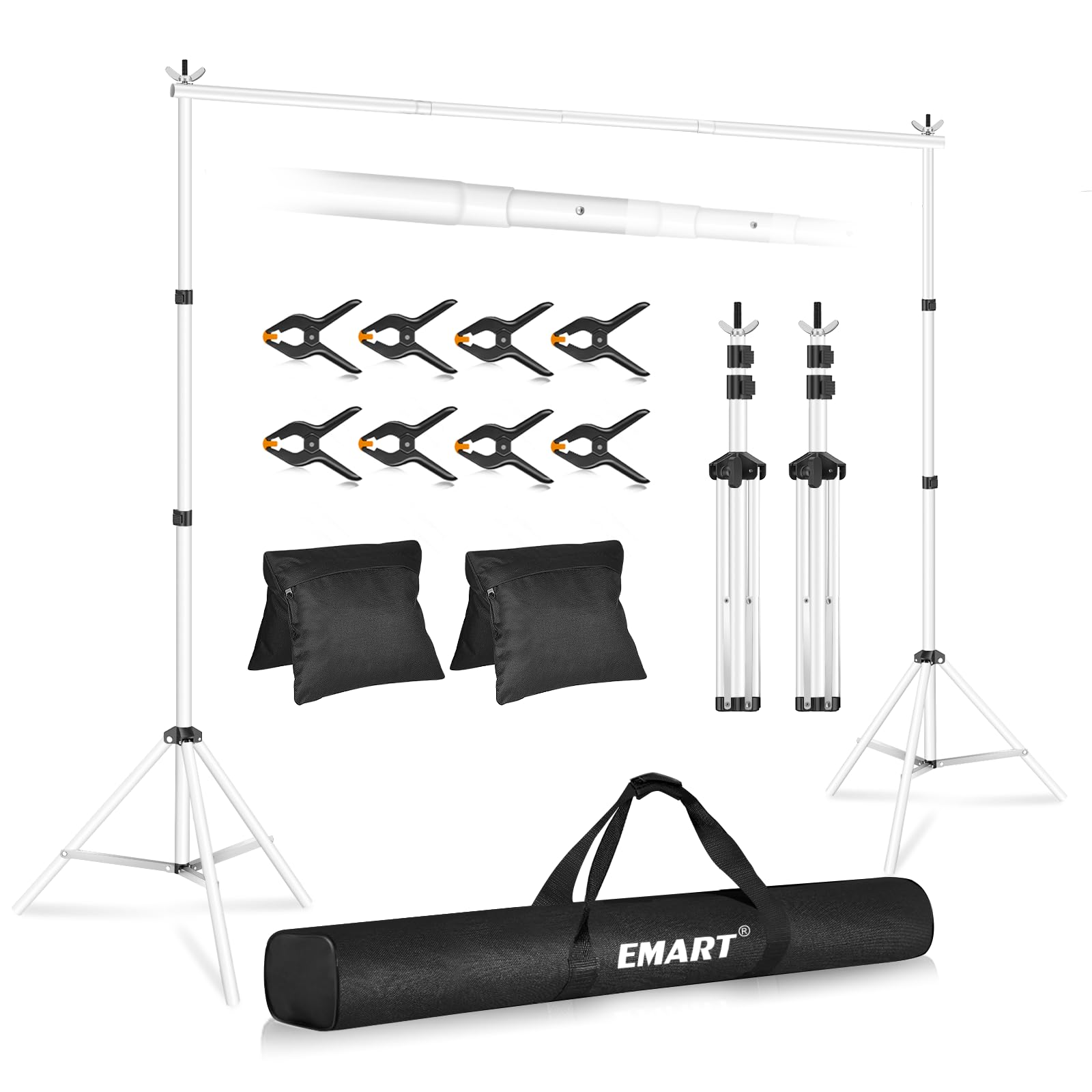EMART Backdrop Stand 10x7ft(WxH) Photo Studio Adjustable Background Stand Support kit with 2 Crossbars, 8 Clamps, 2 Sandbags and Carry Bag for Parties, Events Decoration, Wedding, Photography -White